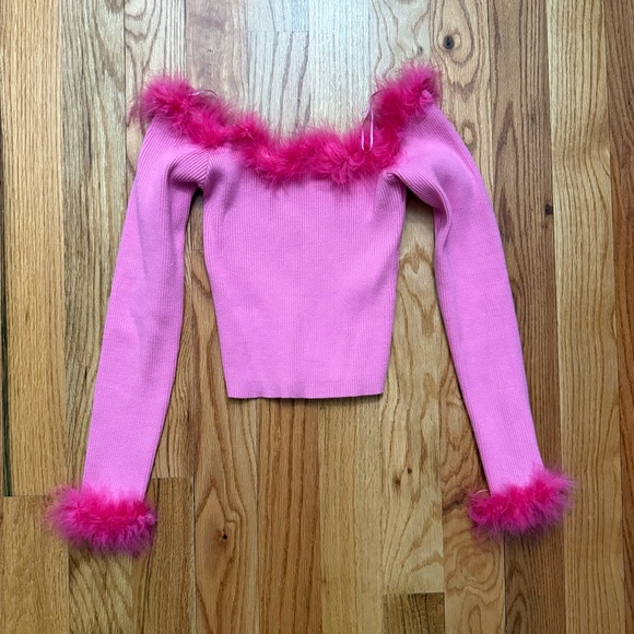 Pink Off-Shoulder Top Feather Trim These Three Boutique Valentines Day Top Med - Picture 2 of 6